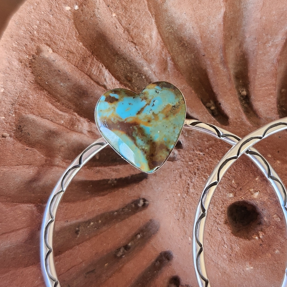 Native American Sterling Silver Turquoise Large Heart Stamped Hoop Earrings - Picture 3 of 7
